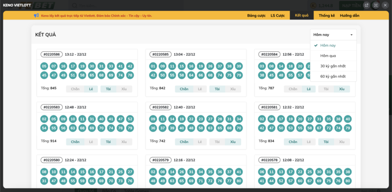 Lịch sử kết quả Keno Vietlott FEBET